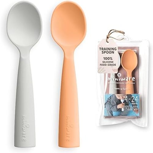 Miniware Silicone Baby Spoon for Training - BPA Free Baby Utensils - Baby Spoons Self Feeding 6 Months | 100% Food Grade Silicone - Modern & Dishwasher Safe Toddler | Dishwasher Safe (Grey and Toffee)