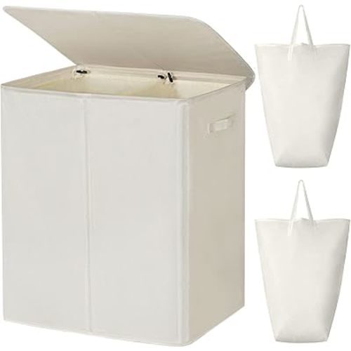 WOWLIVE 140L Double Laundry Hamper with Lid and Removable Laundry Bags, Large Dirty Clothes Hamper 2 section Collapsible Laundry Basket Dorm Room Storage for Bedroom, Bathroom, College,Beige