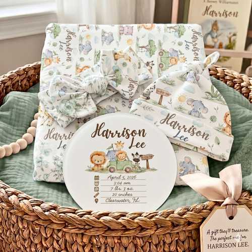 Swaddle Blanket Personalized Safari Zoo Jungle Animal Custom Name Swaddle Set Newborn Swaddle Hospital Coming Home Outfit Name Announcement