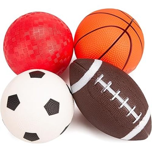 Balls for Toddlers with Pump 4 Pack 5" Small Rubber Playground Balls for Kids - 1 Football, 1 Basketball, 1 Soccer Ball and 1 Dodge Kickball - Indoor Outdoor Toys Gift