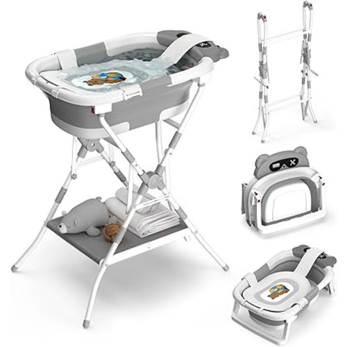Baby Bathtub with Stand, Foldable Metal Standing Baby Bath Tub, 3-in-1 Anti-Slip Collapsible Tub with Cushion Storage Pad, Elevated Design for Newborn Toddler, Gray