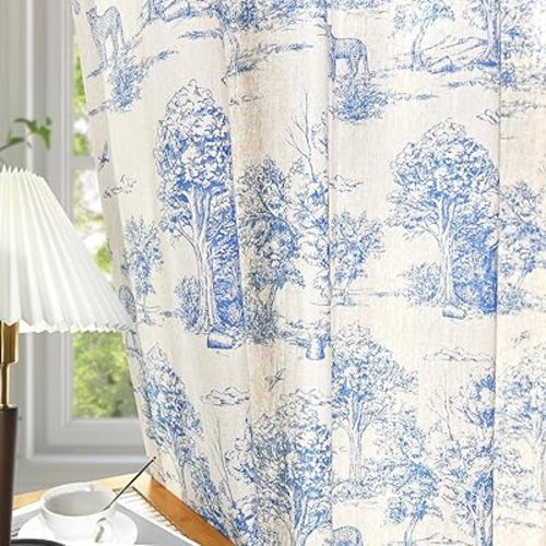 Linen Toile Curtains for Living Room 84 Inch Length 2 Panels Set Long Vintage Blue French Country Light Filtering Farmhouse Window Curtains for Bedroom Decor