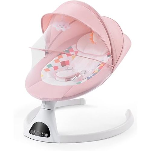 Baby Swing for Infants, Electric Portable Baby Swing for Babies, Bluetooth Touch Screen/Remote Control Timing Function 5 Swing Speeds Baby Rocker Chair with Music 5 Point Harness Pink