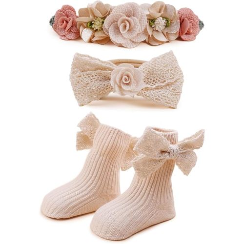 cherrboll Baby Girl Headbands and Socks Set, 3Pcs Soft Floral Hairbands Hair Bows Knit Socks for Newborn Infants Toddlers Photography Props Gifts