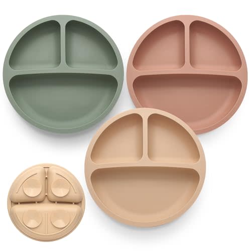 Eascrozn Suction Plates for Baby 3 pack, Stay Put Divided Toddler Plates, 100% Food Grade Silicone Baby Plates, BPA Free, Baby Feeding Supplies, Microwave & Dishwasher Safe