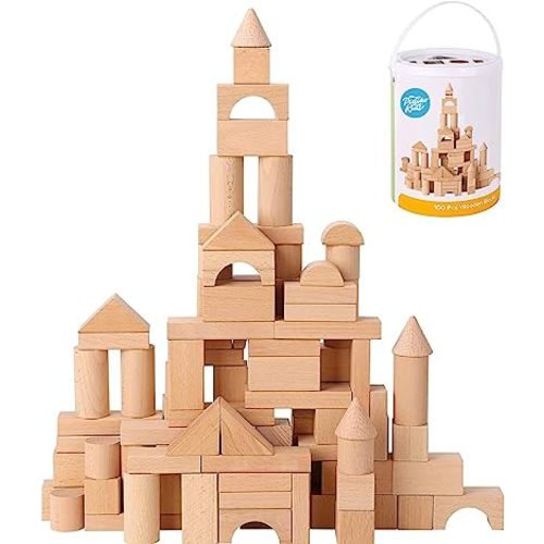 Pidoko Kids Wooden Blocks - 100 Pcs - Building Blocks for Toddlers - Includes Storage Container with Shape Sorter Lid - Natural Beech Wood Blocks - Preschool Learning Toys Stacking Block