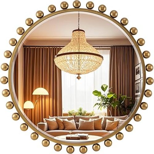 Antique Gold Round Mirror Unique with Beveled Glass and Ball Frame–RD30 Inch Beaded Large Decorative Ornate Mirrors for Bathroom,Bedroom, Living Room,Hallway