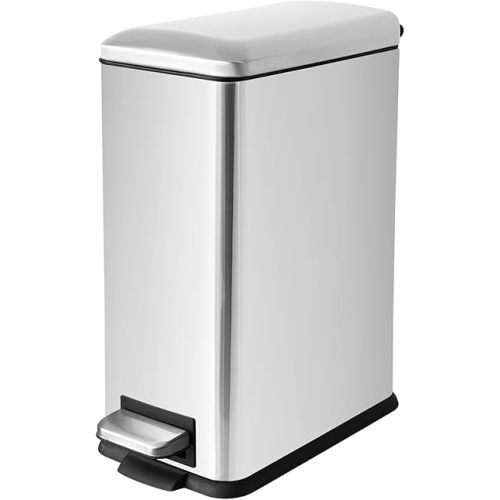 Bathroom Trash Can, 10 Liter / 2.6 Gallon Stainless Steel Garbage Can with Removable Inner Bucket, Soft Close Lid Step Trash Bin for Bedroom, Office, Kitchen, Brushed Silver