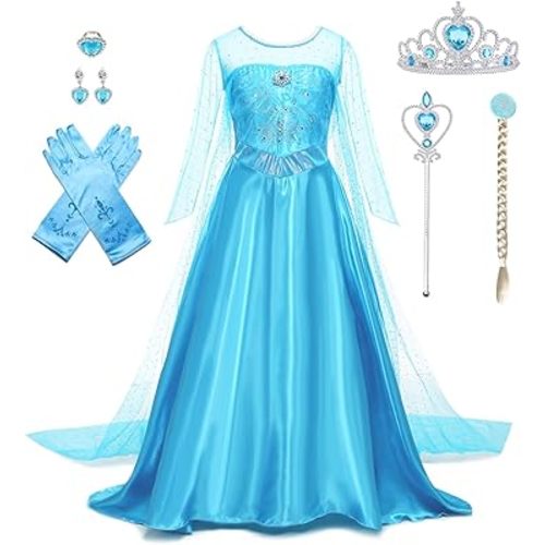 Elsa Dress for Girls Princess Dress Up Halloween Cosplay Elsa Costume Fancy Dress Birthday Outfit with Accessories