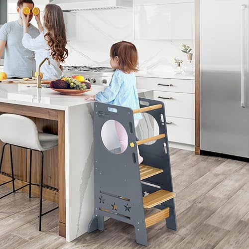 Toddler Tower, Step Stool, 3 Platform Adjustable Height Toddler Kitchen Stool, Kids Standing Tower with Safety Rail & Nonslip Feet (Cricle)