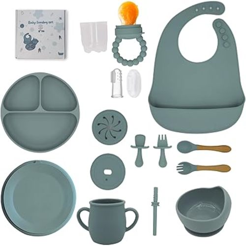 Baby Silicone Feeding Set, 16 PCS Baby Feeding Set, Toddler Led Weaning Utensils Sets with Suction Bowl and Plate, Set of Baby Spoons and Forks, Adjustable Bid, Sippy Cup with Straw and Lids Seal Gray