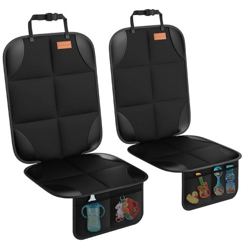 Car Seat Protector, 2Pack, Protect Child Seats with Thickest Padding and Non-Slip Backing Mesh Pockets for Baby and Pet - Black