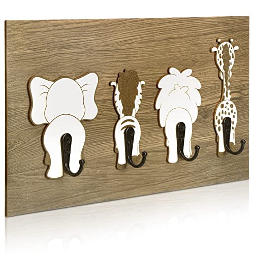Safari Animal Wall Hooks Wood Animal Hooks Nursery Decor Kids Towel Hooks Wall Mounted Coat Hooks Decorative Safari Elephant Lion Giraffe Zebra Hanger for Nursery Bathroom Bedroom Home Decor