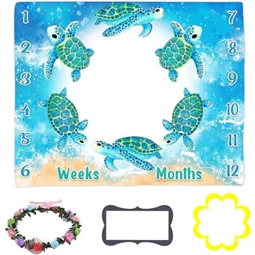 Baby Monthly Milestone Blanket, Blue Sea Turtle Baby Age Blanket Beach Photo Backdrop Baby Blanket, 48x40 Inch Blue Baby Growth Chart Memory Blanket BTLSLY373