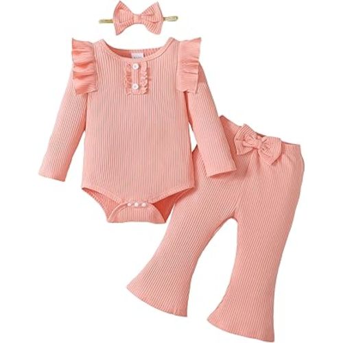 Baby Girls Outfit Ruffle Long Sleeve Ribbed Knit, Pink, 6-12M