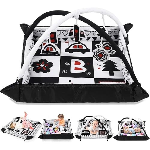 BALAPET Black and White Baby Gym Mat for Baby Floor Tummy Time, Soft Padded Play Activity Mat with 5 Toys for Toddlers & Infants, Washable Ball Pit for Early Sensory Exploration and Skill Development