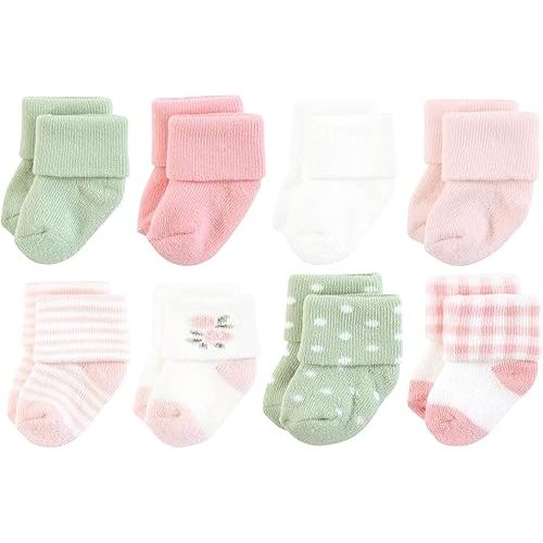 Hudson Baby Baby Infant Girl Cotton Rich Newborn and Terry Socks, Pink Sage Rose, 0-6 Months