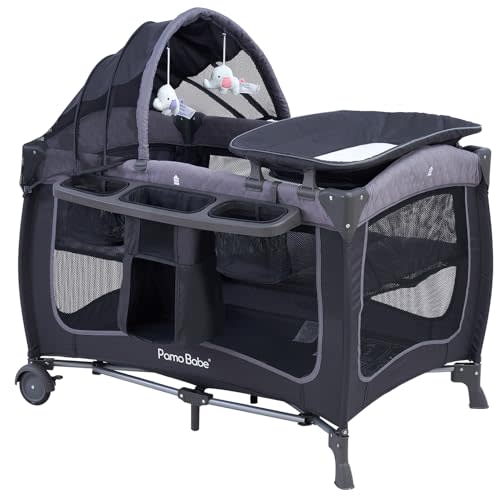 Pamo Babe Baby Playard with Canopy, Portable Crib with Changing Table