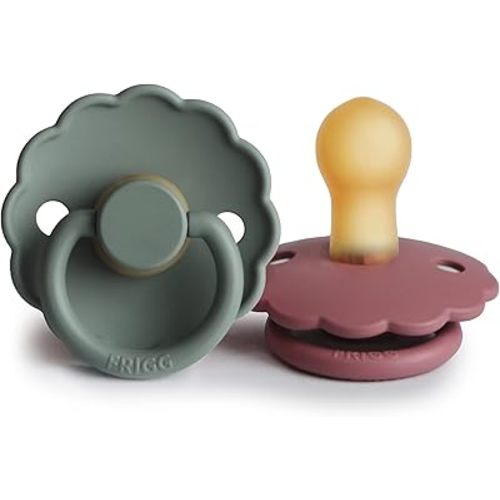 FRIGG Daisy Natural Rubber Baby Pacifier | Made in Denmark | BPA-Free (Dusty Rose/Lily Pad, 0-6 Months) 2-Pack