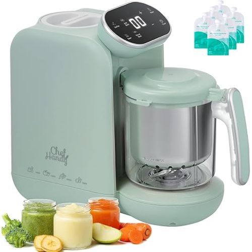 Chefhandy Baby Food Maker with Stainless Steel Steam Basket | 5-in-1 Baby Food Processor, Steamer & Blender for Homemade Baby Food, BPA-Free, 6 Reusable Pouches, Ideal for Newborns & Infants, Green