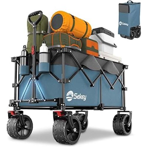 Sekey 220L Collapsible Foldable Wagon with 330lbs Weight Capacity, Heavy Duty Folding Utility Garden Cart with Big All-Terrain Beach Wheels & Drink Holders.Blue&Grey