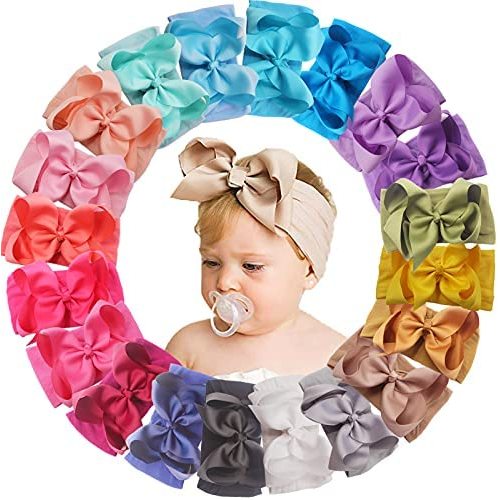 20 Colors 6 Inches Baby Girls Large Big Bows Headbands Elastic Nylon Hairbands Turban Hair Accessories for Newborns Infants Toddlers Kids