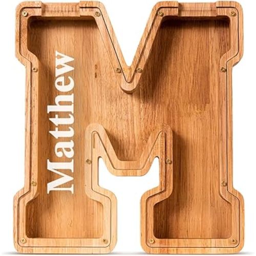 Customized Name Large Wooden Piggy Bank for Kids Boys Girls Alphabets Letter A-Z Coins Bills Money Change Bank Box Initial on Clear Cover (Laser Engraved) (Alphabet-M, Personalized-9")
