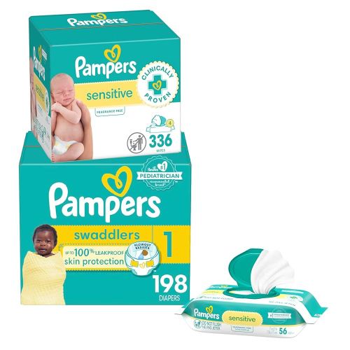 Pampers Swaddlers Disposable Baby Diapers Size 1, 198 Count with Sensitive Water Based Baby Wipes 4X Pop-Top Packs (336 Count)