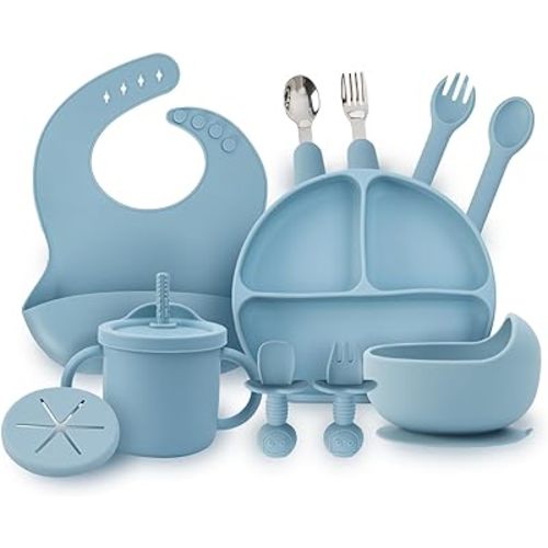 Baby Silicone Feeding Set, 13PCS Baby Self Feeding Set, Toddler Led Weaning Utensils Sets with Suction Bowl and Plate, 3 Set of Baby Spoons and Forks, Adjustable Bid, Sippy Cup with Straw and 2 Lids