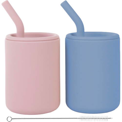 WeeSprout Silicone Baby Cups With Straws and Lids, 4 oz, Set of 2