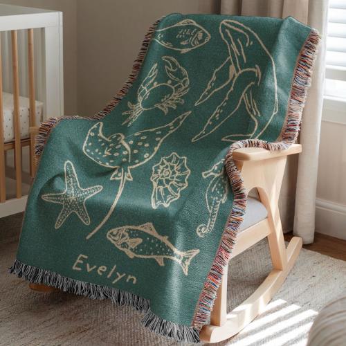 Personalized Ocean Baby Woven Blanket, Custom Name Beach Sea Life Nursery Throw, Vintage Coastal Baby Gift
