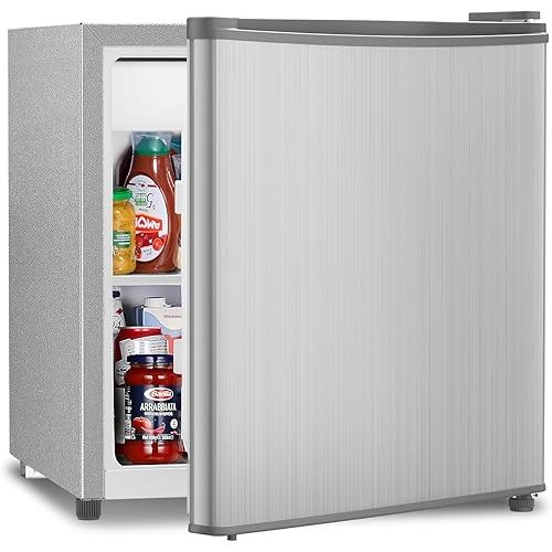 Antarctic Star Mini Fridge with Freezer, 1.4 Cu. Ft Compact Refrigerator, Dorm Fridge, Single Reversible Door, Removable Glass Shelf, Defrost Button, for Bedroom, Office, Silver