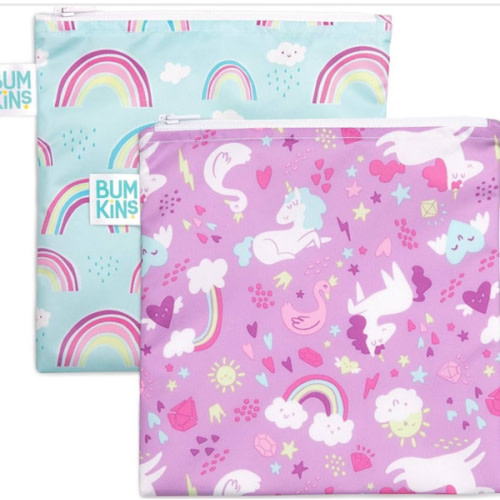 Bumkins Reusable Sandwich and Snack Bags, for Kids School Lunch and for Adults Portion, Washable Fabric, Waterproof Cloth Zip Bag, Travel Pouch, Food-Safe, Large 2-pk Unicorns and Rainbows
