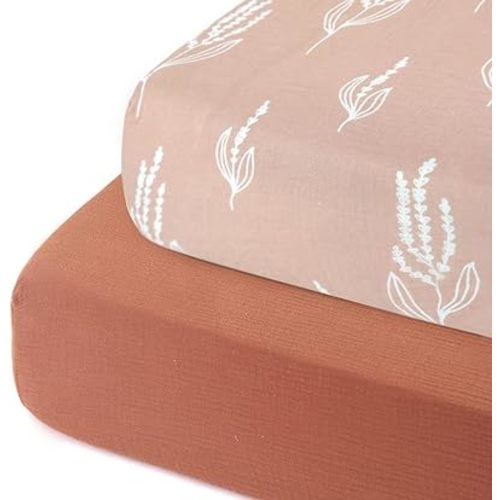 GRSSDER Soft Muslin Crib Sheet 2 Pack, 100% Cotton Crib Sheets for Boys and Girls, Fit Standard Crib Mattresses 52" x 28" Safe and Snug, Wheat/Brick Red