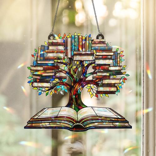 Tree of Knowledge Book Suncatcher: Holographic Acrylic Rainbow Prism Window Hanging
