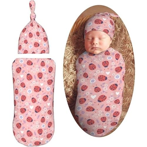 Ladybugs Hearts Flowers Newborn Swaddle Blankets Hat Sets Soft Baby Receiving Blanket Swaddle Sack for Baby Shower Infant Boy Girl Gift