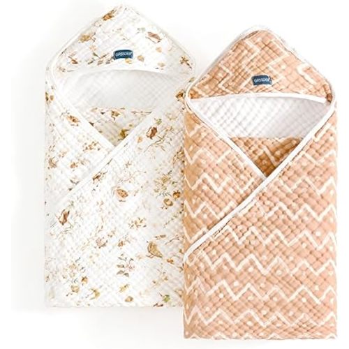 GRSSDER Ultra Soft Absorbent Muslin Cotton Baby Hooded Towel 2 Pack with Original Patterns, Extra Large Size 35"x 35" Swaddle Wrap for Newborn Infant and Toddler