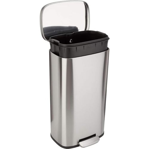 Amazon Basics Smudge Resistant Rectangular Trash Can With Soft-Close Foot Pedal, Brushed Stainless Steel, 30 litre/7.9 gallon, Satin Nickel Finish, 13.8"L x 11.8"W x 25"H