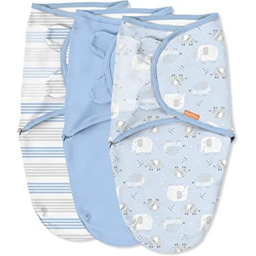 SwaddleMe by Ingenuity Original Swaddle, 100% Cotton, Improves Sleep & Calms Startle Reflex, 0-3 Months, 3-Pack - Elephant Stripes