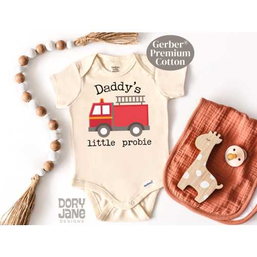 Firefighter ONESIES® Brand Bodysuit Daddy&#39;s Little Probie Bodysuit Baby Shower Gift Premium Cotton Cute Fireman Baby Outfit Firetruck Outfit