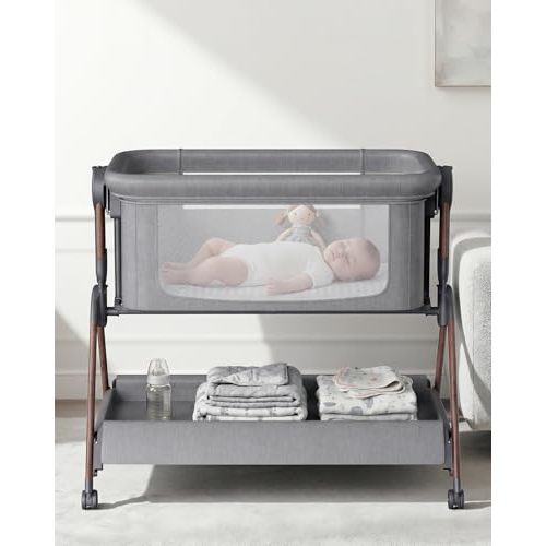 Bassinet - Baby Bassinet,3 in 1 Baby Bassinet Bedside Sleeper, Rocking Bassinet with Wheels,Comfy Mattress,Breathable Mesh,Storage,6 Height Adjustable Crib, for Day and Night(Grey)