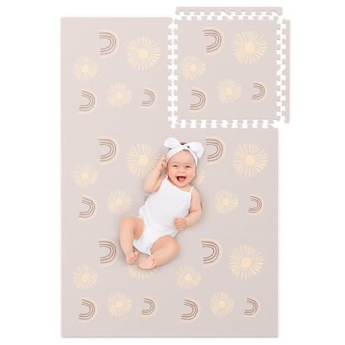 Biliboo Soft Foam Mats for Floor - Perfect Baby & Kids Play Mat - Crawling and Exercise - Non-Toxic, Waterproof, and Easy to Clean - Rainbow & Sun - Pink