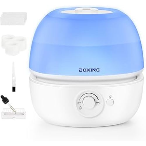 BOXING 3L Cool Mist Humidifier, Ultra Quiet 20dB for Bedroom, Baby & Office, Top Fill Air Humidifier for Home Office & Indoor Plants, 30H Runtime, Essential Oil Tray, Night Light, BPA-Free, White