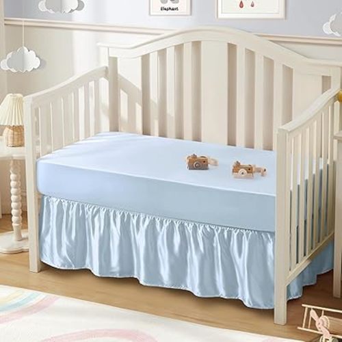SiinvdaBZX 2-Piece Set Satin Crib Sheets & Crib Bed Skirt, 52" x 28" Silky Soft Ruffled Baby Crib Skirt with Adjustable Elastic 14" Drop, Fit for Standard Crib & Toddler Bedding (Baby Blue)