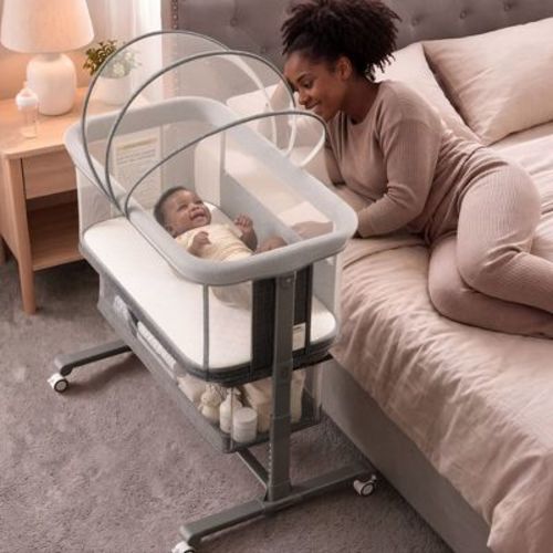 Kinder King Baby Bassinet Bedside Sleeper, 3-in-1 Convertible Portable Infant Bed with Adjustable Height, Wheels, Mosquito Net & Storage, Dark Gray