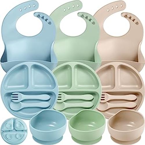 15 Pcs Baby Led Weaning Supplies, Silicone Baby Feeding Set, Suction Bowl Divided Plate with Suction Adjustable Bib Spoon Fork, Infant Baby Toddler Self Eating Utensil (Light Blue, Fruit Green, Beige)
