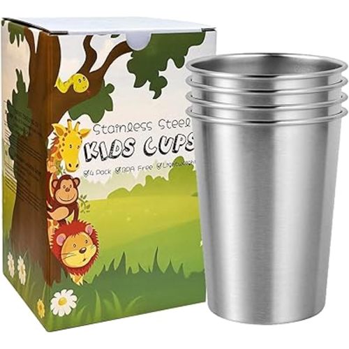 LOZACHE Stainless Steel Cups for Kids and Toddlers, 4 Pack 12oz Premium Metal Drinking Glasses Stackable Durable Pint Tumbler, Unbreakable Sippy Cups for Home & Outdoor Activities, BPA Free