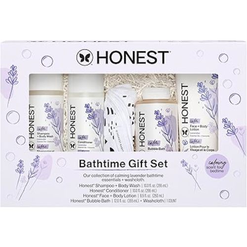 The Honest Company Set de regalo calmante de lavanda para el baño, productos esenciales de baño hipoalergénicos para piel de bebé sensible, champú y gel corporal, loción facial, acondicionador de