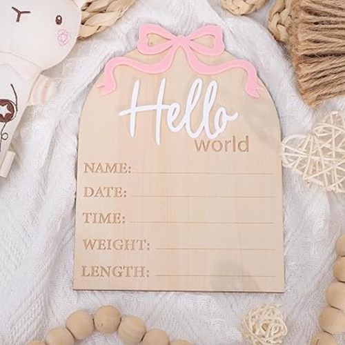 Pink Bow Hello World Newborns Welcome Board - Wooden Newborn Baby Stats Sign, Baby Birth Announcement Sign, Hospital Birth Stats Sign, Newborns Nursery Decorations