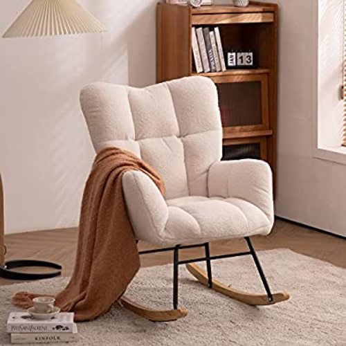 Krinana Teddy Fabric Nursery Rocking Chair,Rocker Armchair with Solid Wood Legs,Glider Chair Nursery with High Backrest for Living Room Apartment(Teddy Fabric,Ivory)